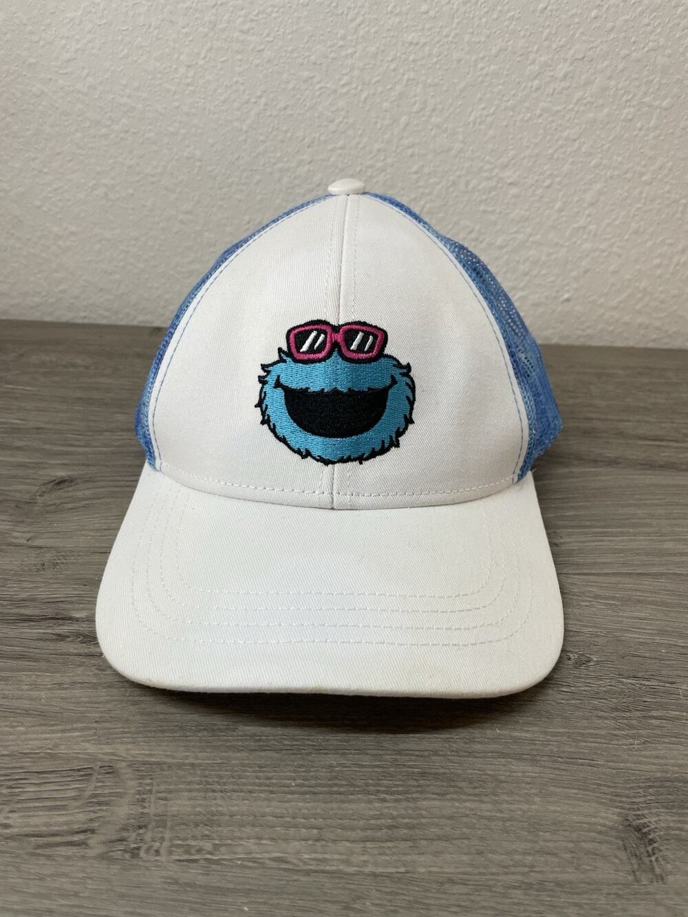 Sesame Street Cookie Monster Trucker Hat - Sunglasses Logo - Blue White Mesh Cap